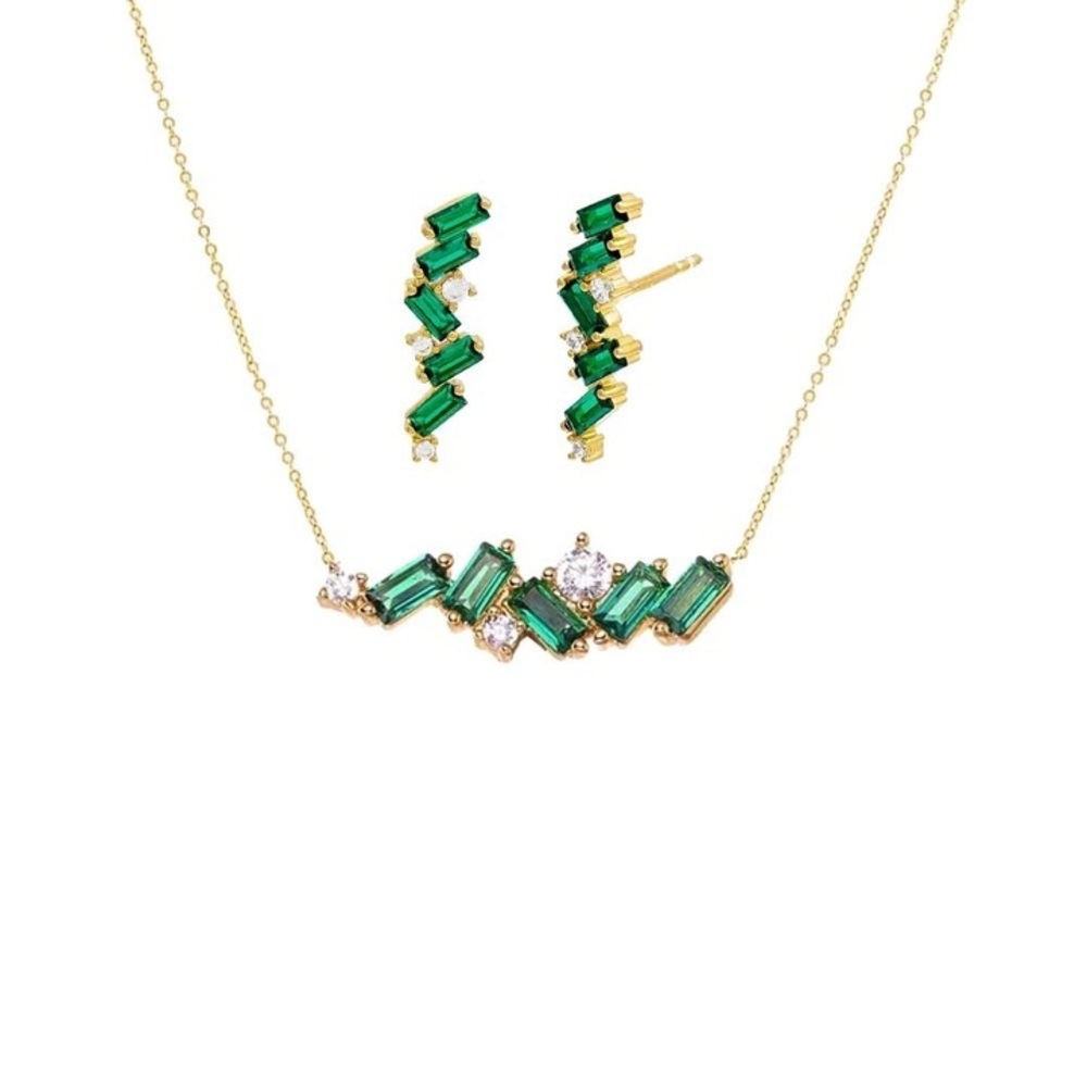 NWT Adina Eden Emerald Green CZ Baguette Earring & Necklace Combo Set